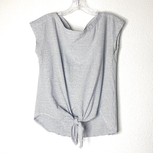Max Studio Womens Short Sleeve Front Knot Tie Top Blouse Striped White Blue Sz S - Picture 9 of 9